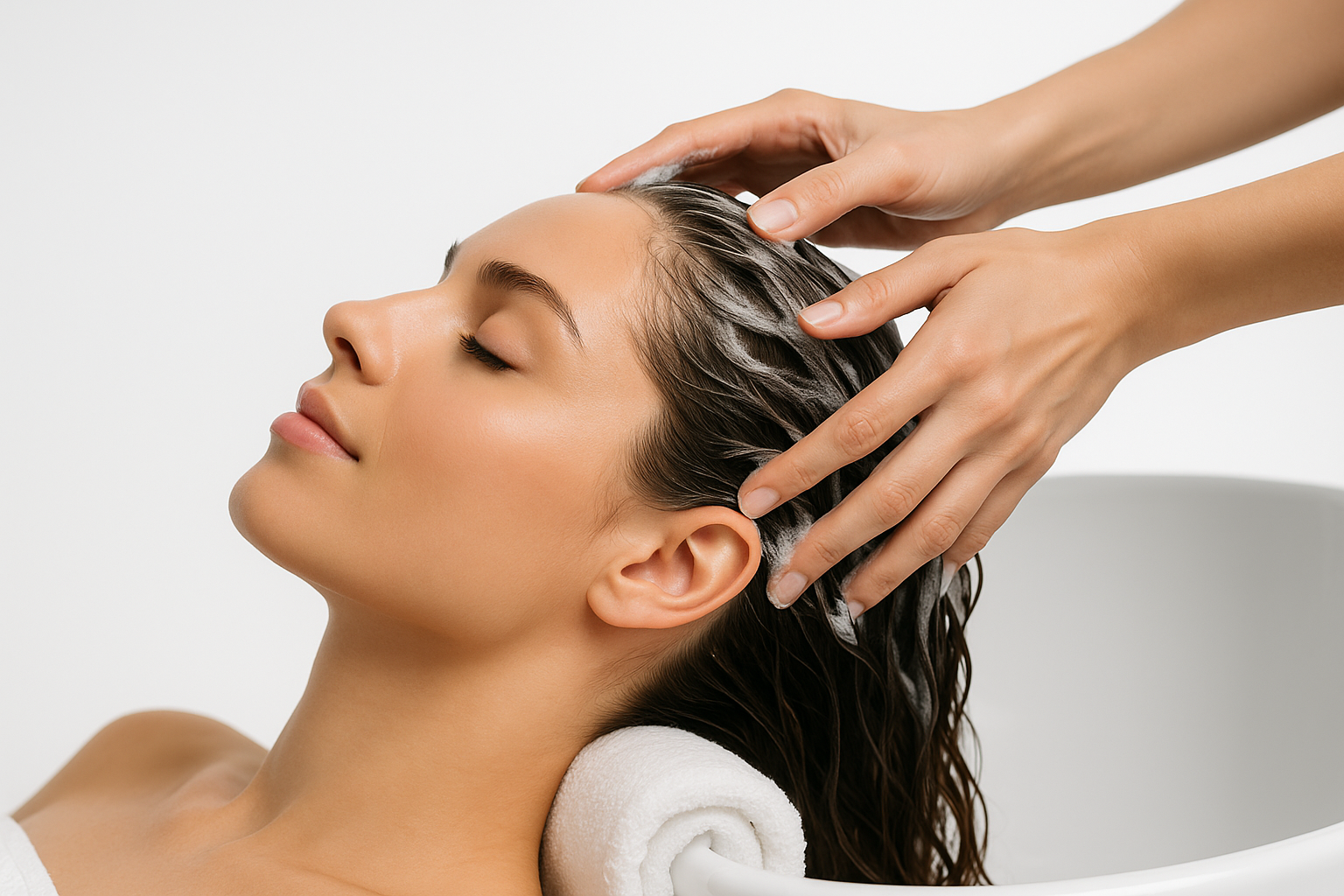 A high-quality studio photo of a woman enjoying a relaxing head spa treatment, close-up, clean white background, minimalistic and elegant. Bright professional lighting, soft shadows, modern beauty and wellness photography style. No text, no logo, no watermark.