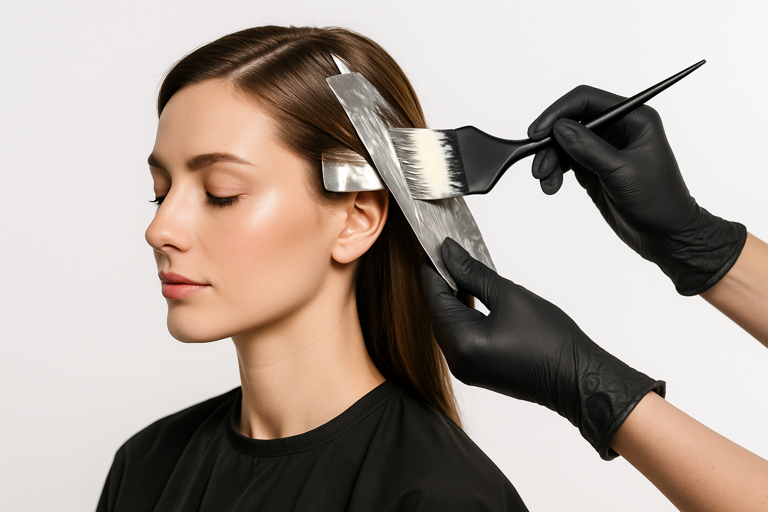 A high-quality studio photo of a woman having her hair professionally colored, hairstylist applying color with a brush, clean white background, minimalistic and elegant. Bright professional lighting, soft shadows, modern beauty photography style. No text, no logo, no watermark.