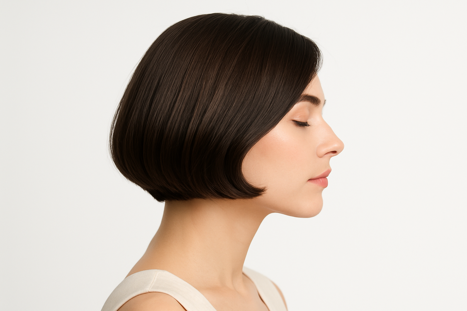 A high-quality studio photo of a woman with a stylish bob haircut, side profile, clean white background, minimalistic and elegant. Bright professional lighting, soft shadows, beauty photography style. No text, no logo, no watermark.