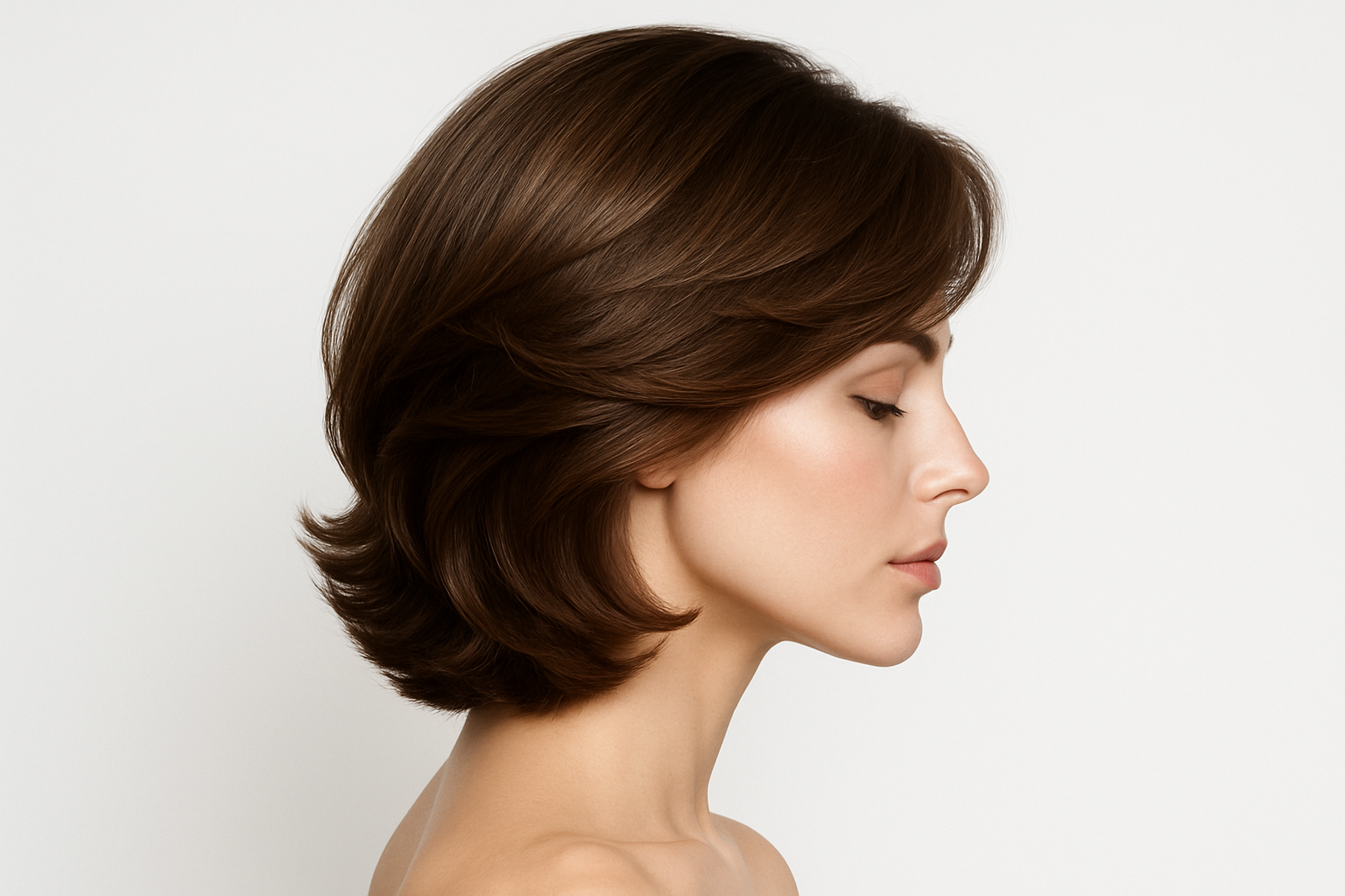 A high-quality studio photo of a woman with a stylish cascade haircut, side profile, clean white background, minimalistic and elegant. Bright professional lighting, soft shadows, modern beauty photography style. No text, no logo, no watermark.