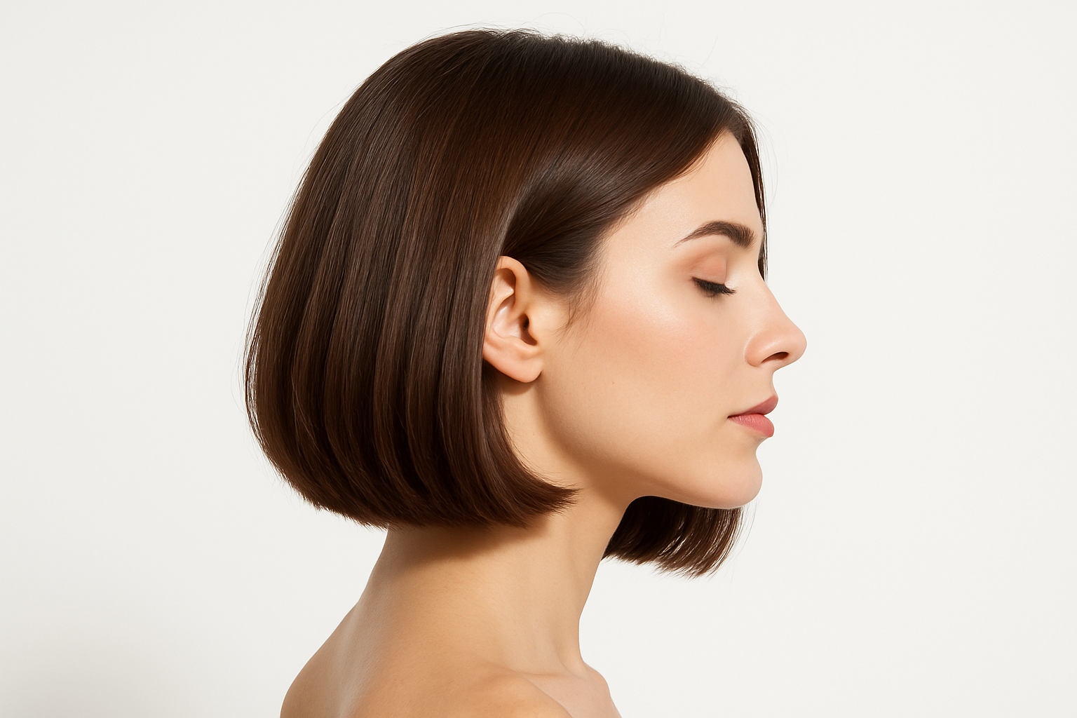 A high-quality studio photo of a woman with a stylish lob haircut (long bob), side profile, clean white background, minimalistic and elegant. Bright professional lighting, soft shadows, modern beauty photography style. No text, no logo, no watermark.