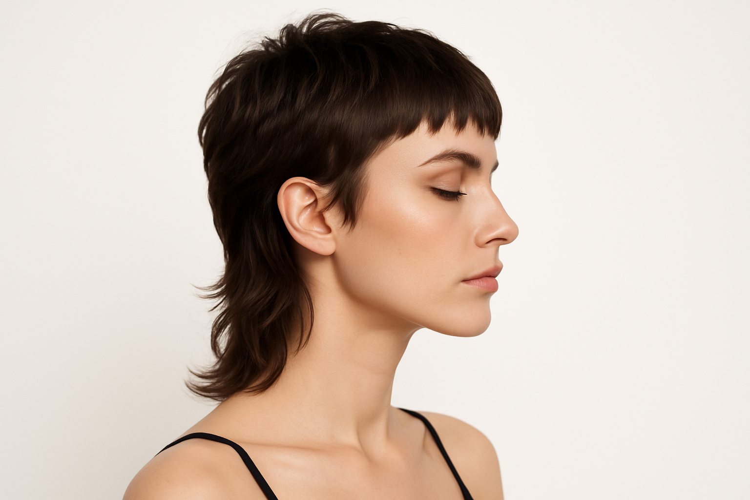 A high-quality studio photo of a woman with a stylish mullet haircut, side profile, clean white background, minimalistic and elegant. Bright professional lighting, soft shadows, modern beauty photography style. No text, no logo, no watermark.