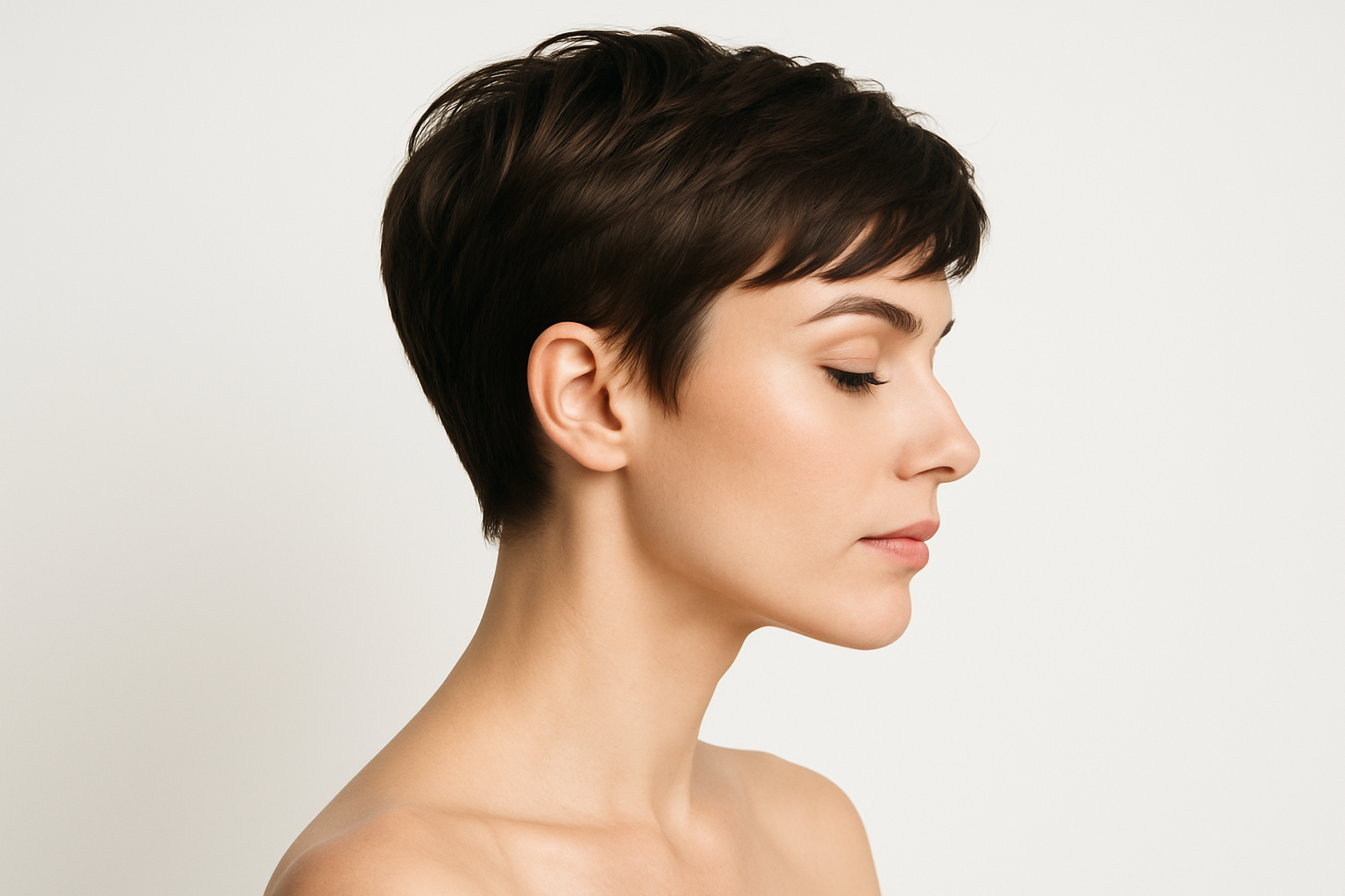 A high-quality studio photo of a woman with a stylish pixie haircut, side profile, clean white background, minimalistic and elegant. Bright professional lighting, soft shadows, modern beauty photography style. No text, no logo, no watermark.