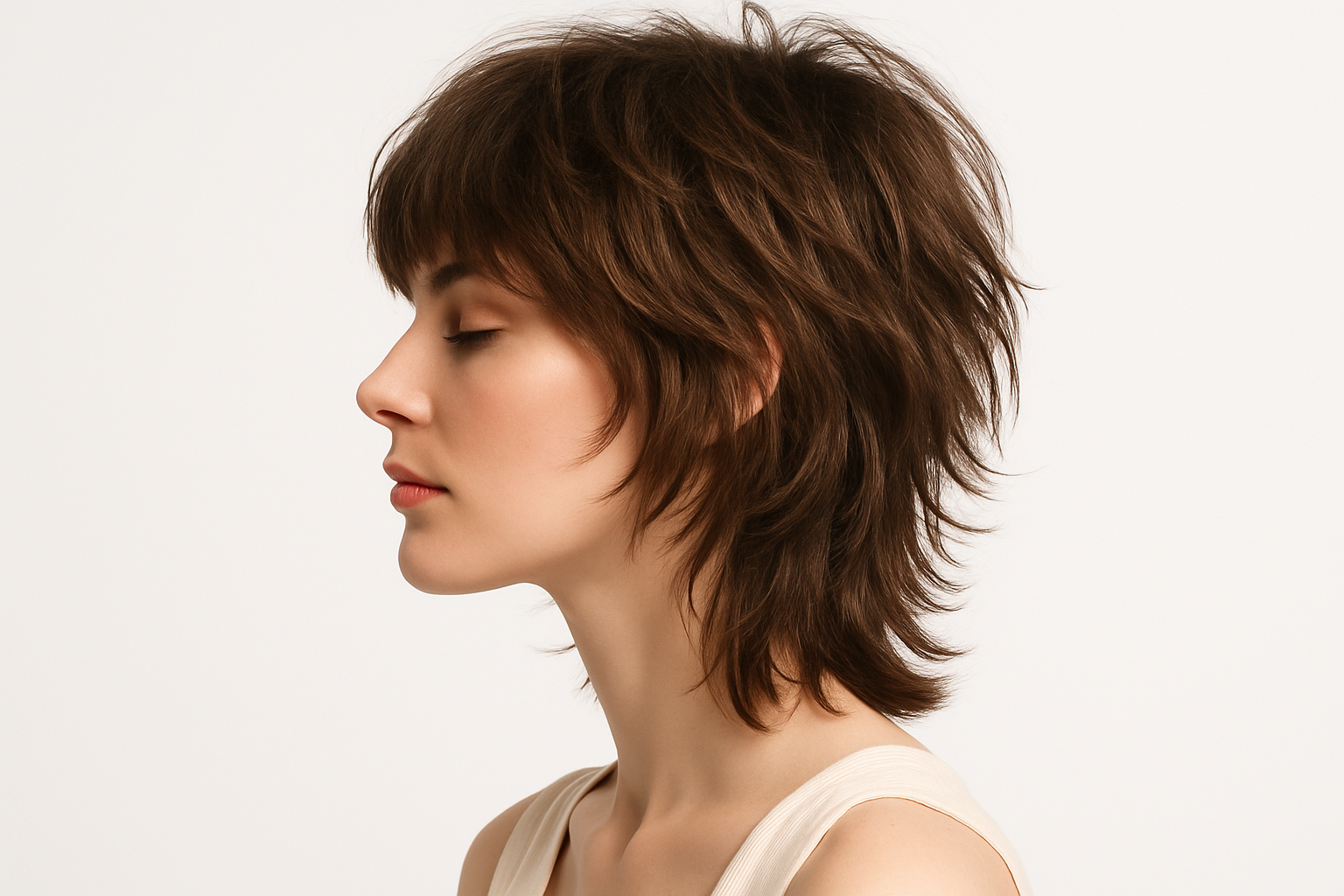 A high-quality studio photo of a woman with a trendy shag haircut, layered and textured style, slightly messy 70s-inspired look, side profile. Clean white background, minimalistic and elegant. Bright professional lighting, soft shadows, modern beauty photography style. No text, no logo, no watermark.