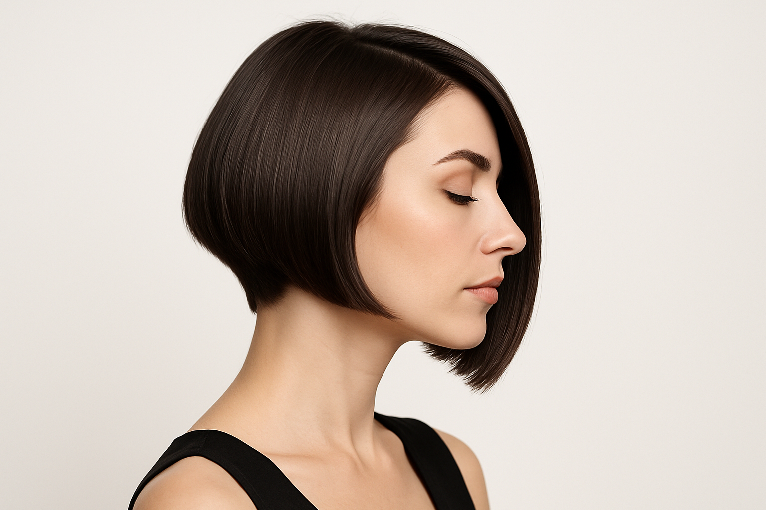 A high-quality studio photo of a woman with an asymmetrical bob haircut, one side longer than the other, sharp and stylish, side profile. Clean white background, minimalistic and elegant. Bright professional lighting, soft shadows, modern beauty photography style. No text, no logo, no watermark.